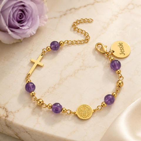 St. Benedict Medal and Cross Personalized Color Bracelet
