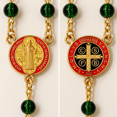 St. Benedict Personalized Rosary with Emerald Green Glass Beads