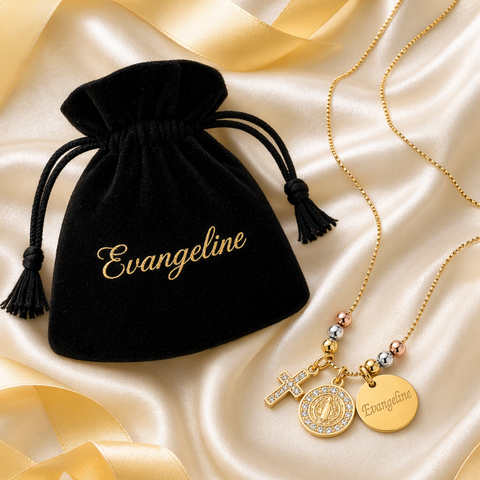 Personalized St. Benedict Gold Necklace with Name – Tri-Color Beads Catholic Jewelry Gift