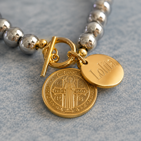 Personalized St. Benedict Medal Silver Bracelet in Stainless Steel