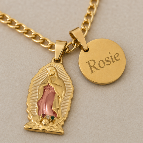 Personalized Our Lady of Guadalupe Necklace with Pink Pendant and Gold Chain