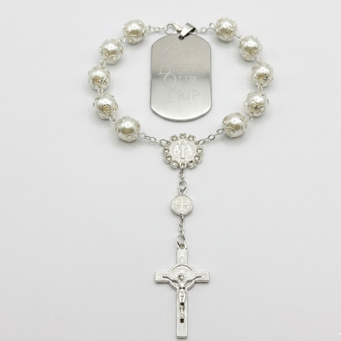 Personalized St. Benedict Car Rosary with Faux Pearl Beads