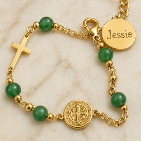 St. Benedict Medal and Cross Personalized Color Bracelet
