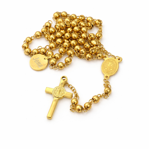 Personalized St. Benedict Stainless Steel Rosary Necklace (Silver & Gold) Catholic Prayer Beads