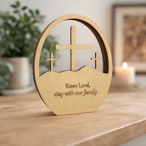 Christian Easter Decor – He Is Risen Wooden Cross & Empty Tomb Table Display