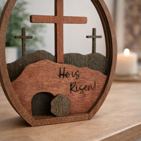 Christian Easter Decor – He Is Risen Wooden Cross & Empty Tomb Table Display