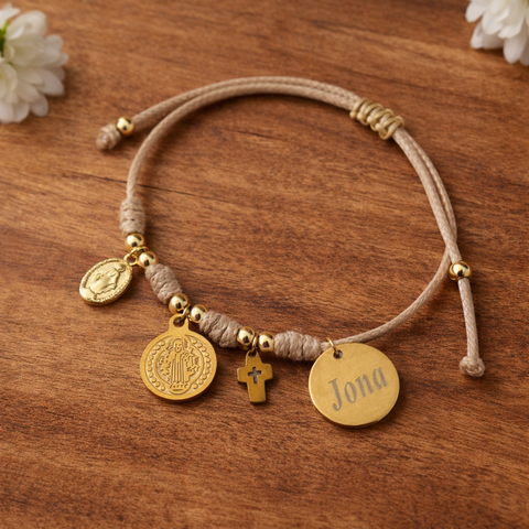 Personalized Catholic Gold Bracelet for Women - With St. Benedict Medal, Miraculous Medal and Cross