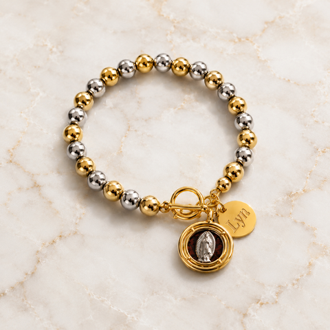 Personalized Two-Tone Stainless Steel Mary Medal Bracelet