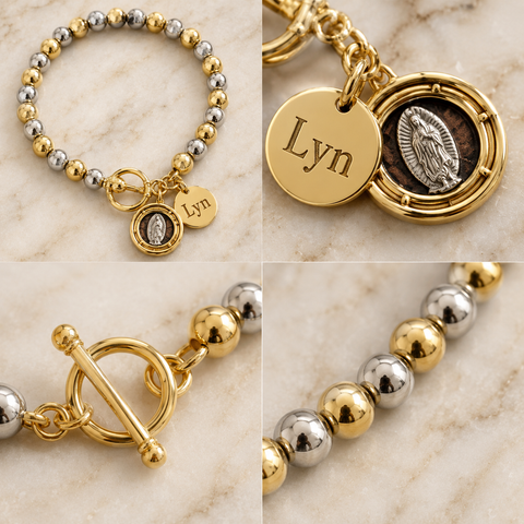 Personalized Two-Tone Stainless Steel Mary Medal Bracelet