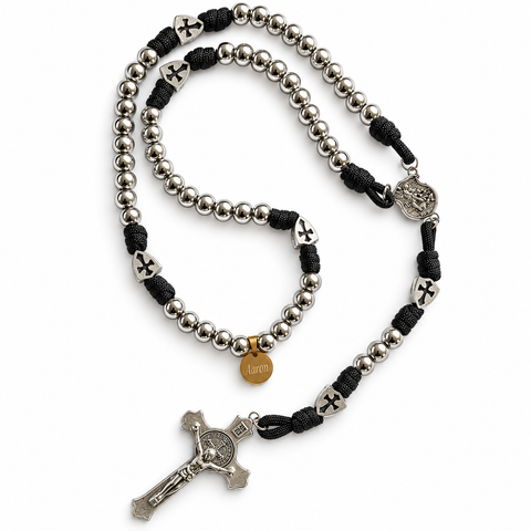 Custom Name Catholic Rosary – 8mm Silver Bead Rosary with Knots and Crucifix