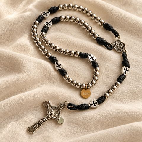 Custom Name Catholic Rosary – 8mm Silver Bead Rosary with Knots and Crucifix