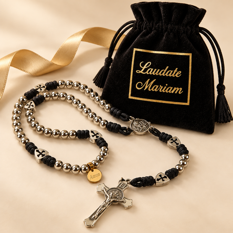 Custom Name Catholic Rosary – 8mm Silver Bead Rosary with Knots and Crucifix