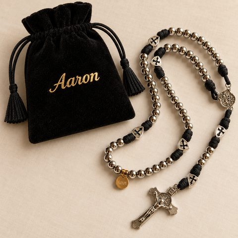 Custom Name Catholic Rosary – 8mm Silver Bead Rosary with Knots and Crucifix
