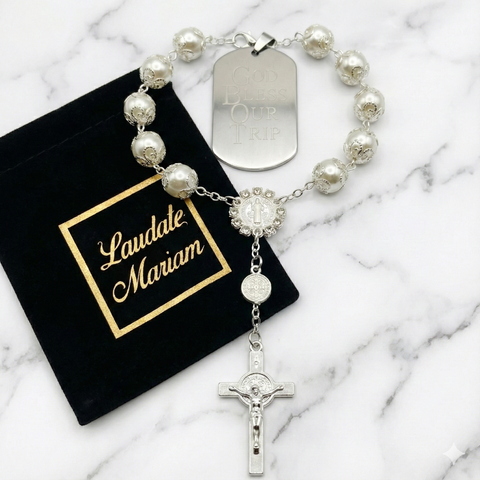 Personalized St. Benedict Car Rosary with Faux Pearl Beads