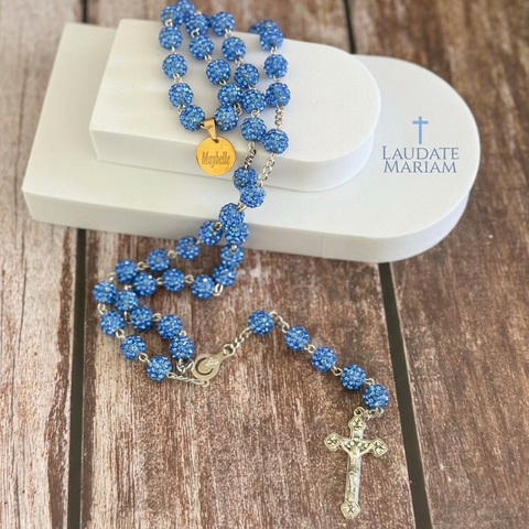 Personalized Blue Rhinestone Rosary – Elegant Catholic Gift with Free Name Pouch