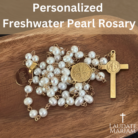 Personalized Freshwater Pearl Rosary with St. Benedict Medal and Cross