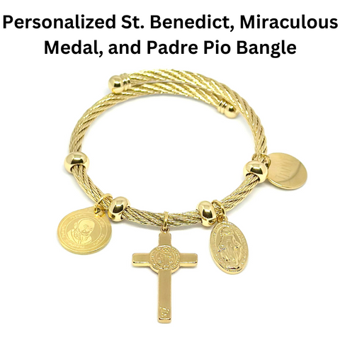 Personalized St. Benedict, Miraculous Medal and Padre Pio Bangle