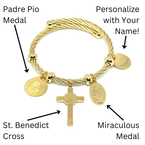 Personalized St. Benedict, Miraculous Medal and Padre Pio Bangle