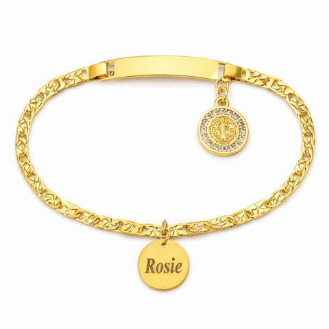 Personalized Catholic Gold Bracelet with St. Benedict Medal