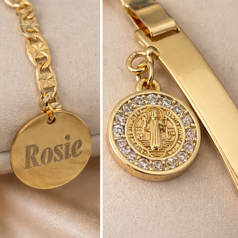 Personalized Catholic Gold Bracelet with St. Benedict Medal