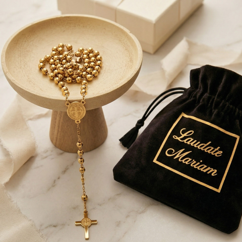 Personalized St. Benedict Stainless Steel Rosary Necklace (Silver & Gold) Catholic Prayer Beads