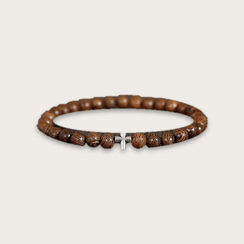 Catholic bracelet for men with silver cross and 8mm natural wood beads