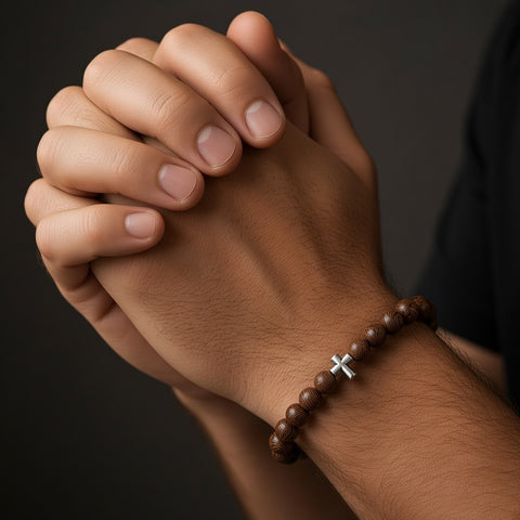 Catholic bracelet for men with silver cross and wood beads worn on praying hands