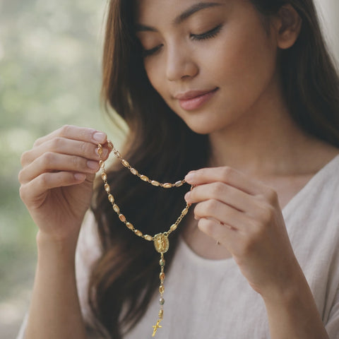 Tri-Color Watermelon Bead Rosary with Guadalupe Zirconia Pendant and Gold Crucifix