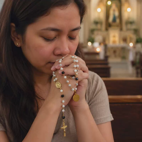 Personalized Virgin Mary Rosary with Marble Beads