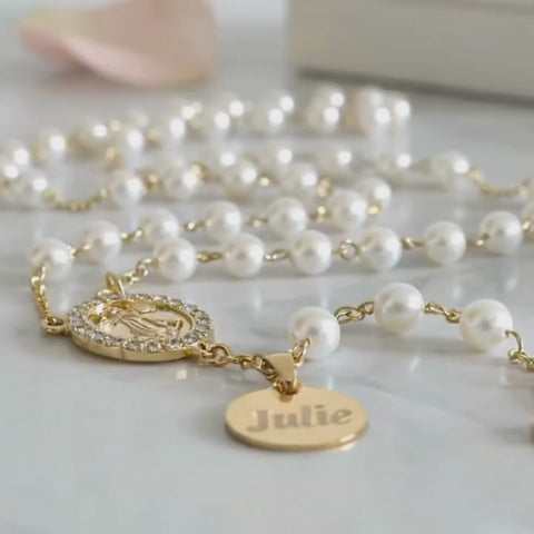 Classic White Pearl Rosary with Personalized Name