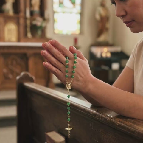 Our Lady of Guadalupe Rosary – Green Glass Beads with Stainless Steel Chain Catholic Prayer Rosary