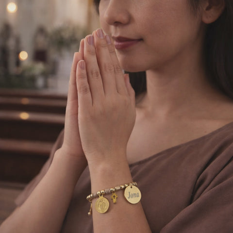 Personalized Catholic Gold Bracelet for Women - With St. Benedict Medal, Miraculous Medal and Cross