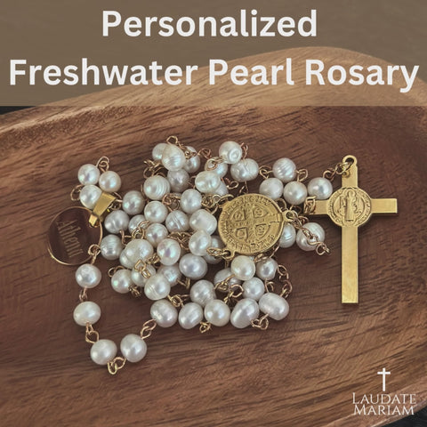 Personalized Freshwater Pearl Rosary with St. Benedict Medal and Cross