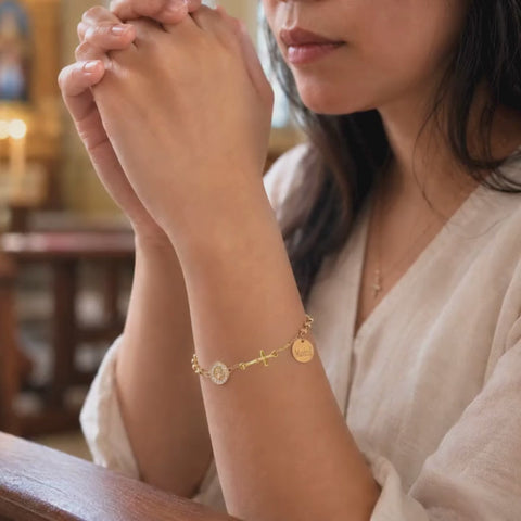 Personalized St. Benedict Gold Bead Bracelet with Cross Charm