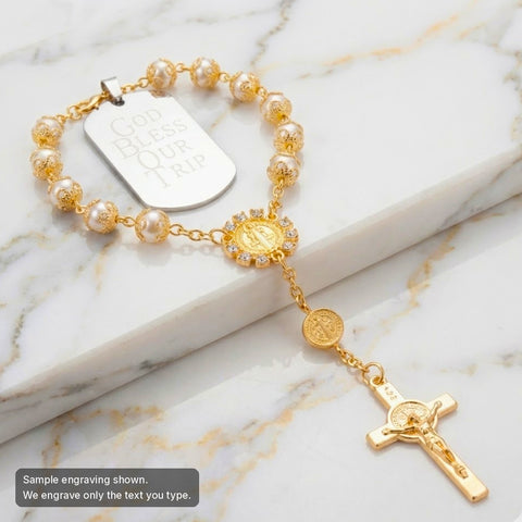 St. Benedict car rosary engraved tag, sample engraving shown