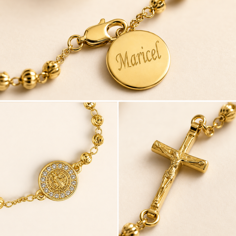 Personalized St. Benedict Gold Bead Bracelet with Cross Charm