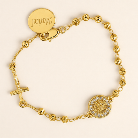 Personalized St. Benedict Gold Bead Bracelet with Cross Charm