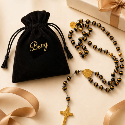 Personalized Black Rubber Rosary with Blessed Virgin Mary Pendant – Custom Catholic Prayer Beads