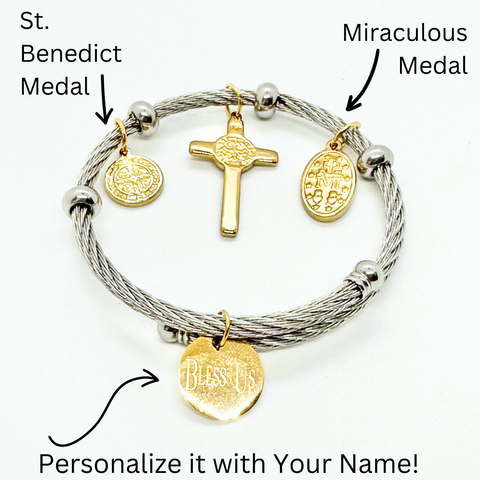 Personalized St. Benedict and Miraculous Medal Bangle